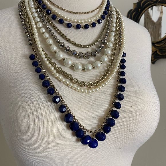 Offer?  AnnTaylor modern glamorous multi strand necklace chain pearl bold blue - Picture 2 of 10